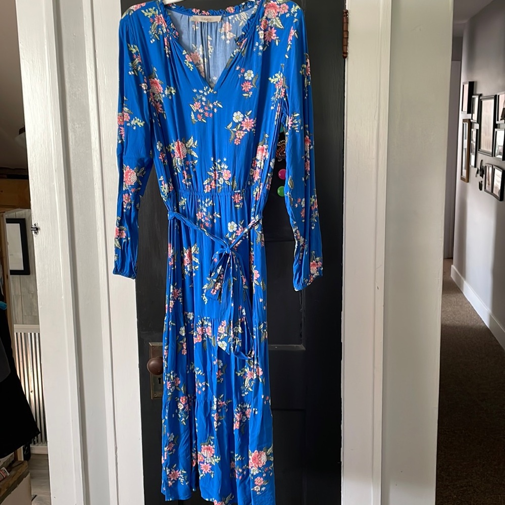 Loft blue floral tie waist midi dress